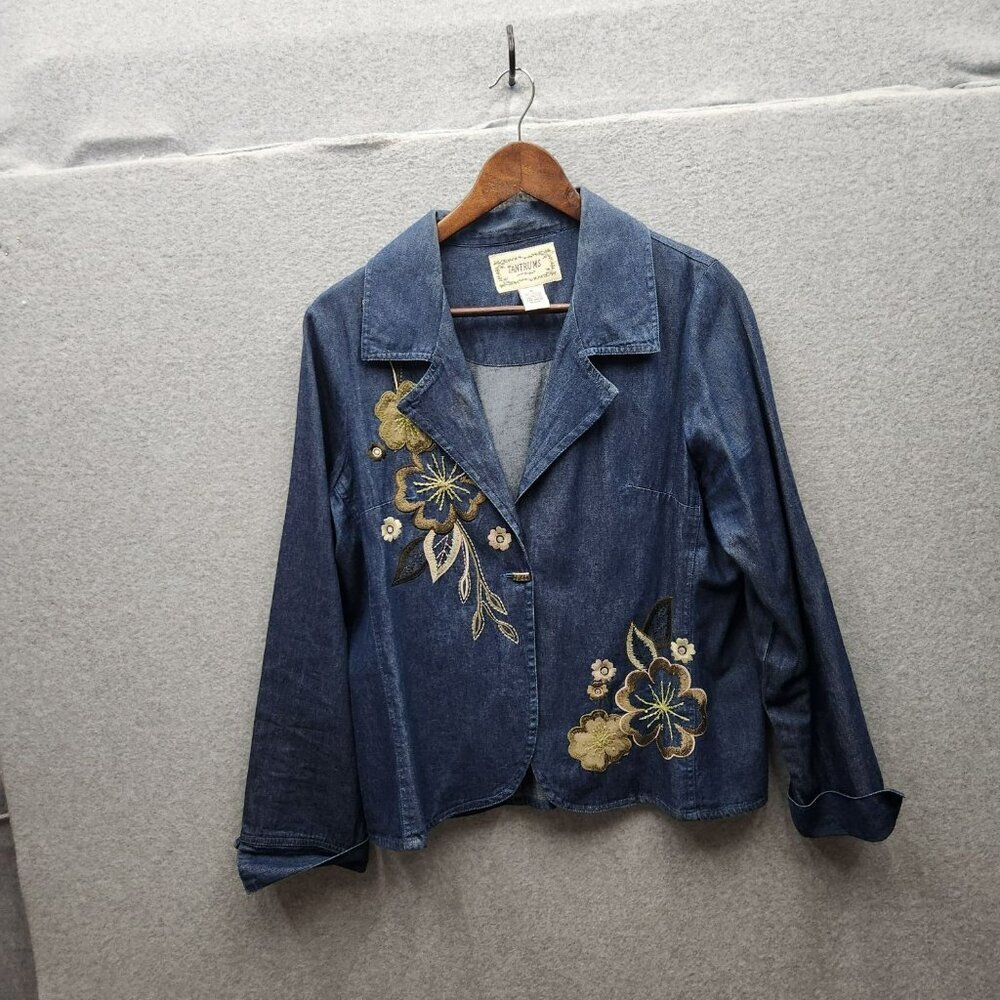 VTG Tantrums Womens Denim Jacket With Floral Embroidery PL Size 100% Cotton Casu